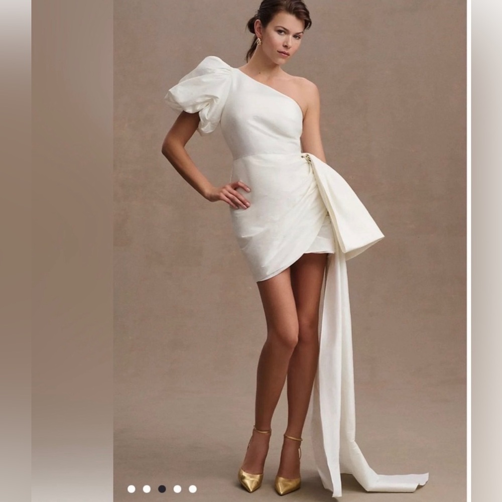 Sachin + Babi Puffed One-Shoulder Bow Train Wrap Mini Dress